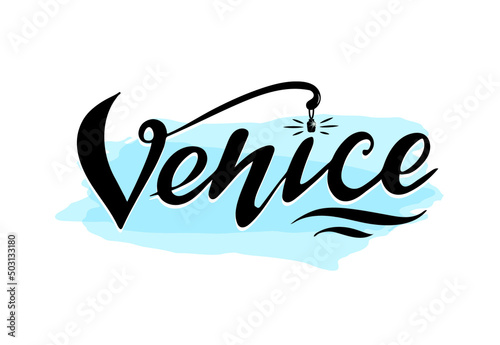 Venice, vector hand lettering includes black letters with design element flashlight o the blue background. It is for traveling business calendar  travel brochure card map notebook. Spun sugar color