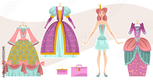 Fairy tale princess paper doll with variety of  ball outfits. photo