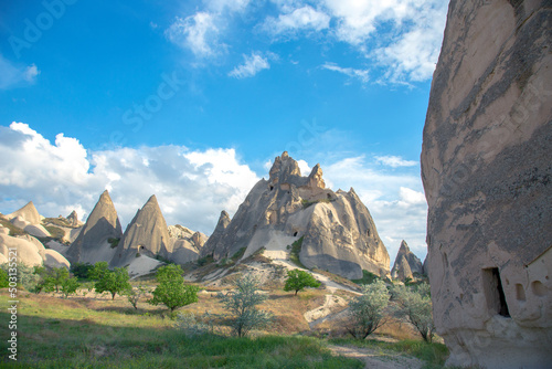 Volcanic rocks and limestone cliffs in Cappadocia valley. Turkey. Tourism and travel. geology and soil erosion