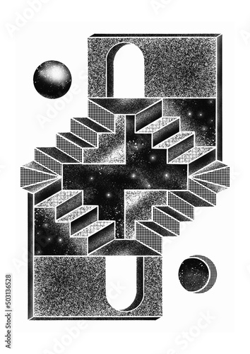 Canvas Print Isometric black and white M.C. Escher Style
