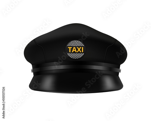 Taxi drivers cap moskup. Black realistic chauffeur hat with yellow taxi logo