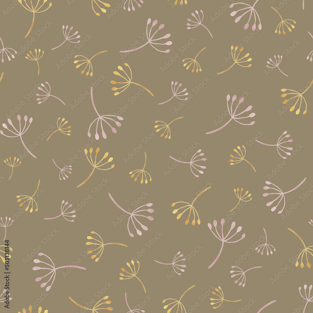 Seamless background with natural elements, flower seeds, on brown. Painted in watercolor. Seamless background with natural elements, flower seeds, on brown. Painted in watercolor.