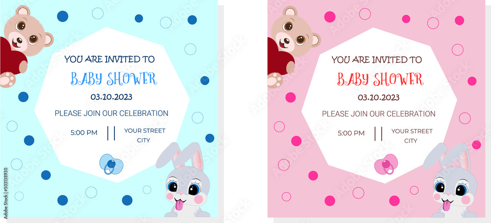 Baby Shower greeting card with Teddy Bears and a hare. For a girl and a boy.