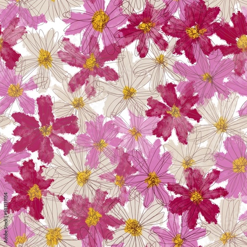 Seamless pattern of chamomile flowers  cosmos. Design for fabric  clothes  paper.