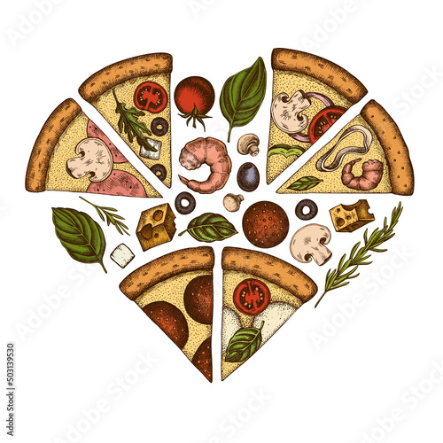Pizza heart vintage design. Hand drawn greek, margherita, pepperoni, veggie, ham and mushrooms and seafood pizzas.