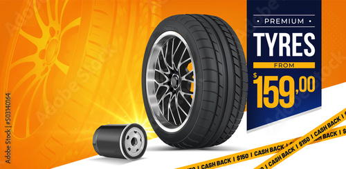 Tyre Store Premium. Banner Design. Confidence, Control, Power. Tyres Car Black Rubber Tyre. Cash Back. Shining Disk Car Wheel Tyre. Information. Landscape Poster, Flyer, Booklet, Brochure, Web Design.