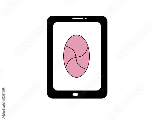 tablet display show pink colour egg broken with white background. tablet black colour body.