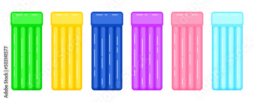 Collection of multicolored air mattresses. Yellow, blue, green, purple and pink inflatable rubber mattresses