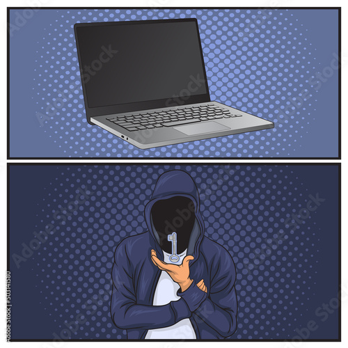 Hacker at laptop. Illustration of hacker at laptop vector