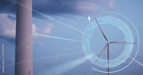 Air visualization with wind turbine, hud digital motion design, particles animation of generating clean renewable energy and sky. Windmill field with technology AR, Big data, IoT eco hologram graphics
