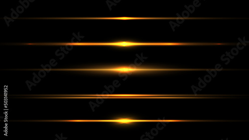 Set of elements horizontal glowing light ray effect isolated on black background