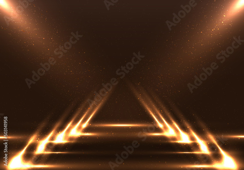 Empty fashion runway stage brown scene background with walkway spotlights and dust particles photo