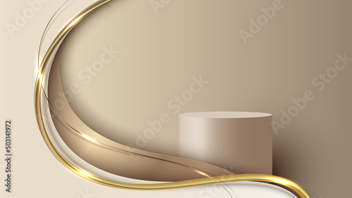 Abstract template 3D cylinder podium elegant golden wave shape with shiny gold line sparkling lighting on cream background luxury style