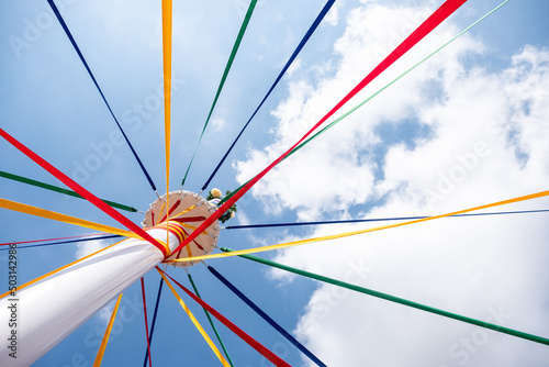 Tableau sur toile Low angle shot of a pole with colored ribbons on a traditional English Maypole d