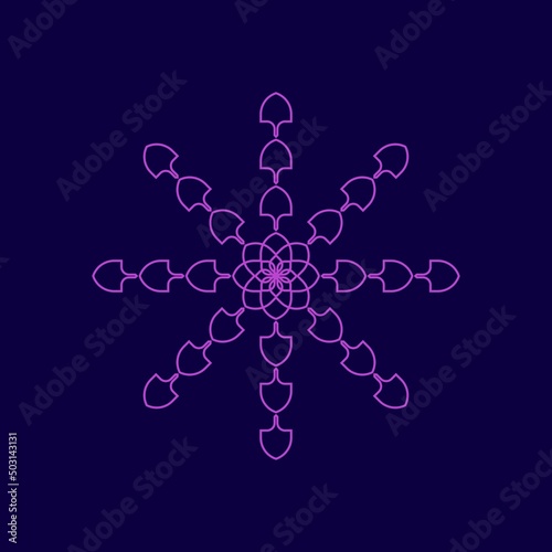 Abstract decoration Beautiful flower purple color isolated dark purple background, single pattern, mandala, fireworks, shining stars, ribbons, logos, icons, etc.