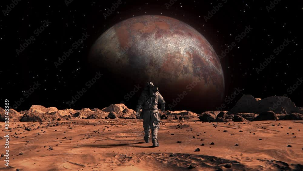 Footage of a brave astronaut in a suit confidently walking on Mars toward a space planet