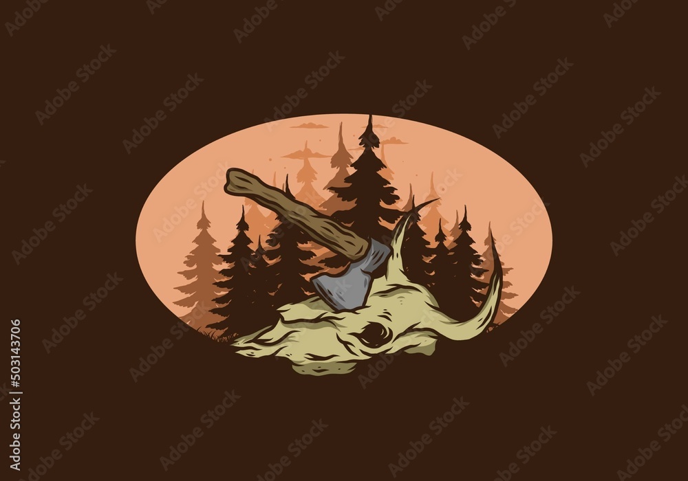 an ax stuck in a buffalo skull illustration