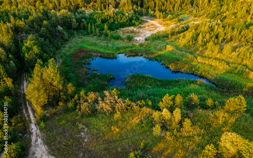Aerial view of a small lake in the middle of the forest and near a forest road