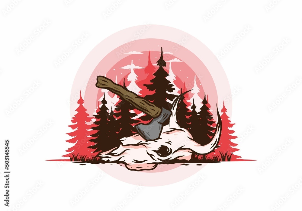 an ax stuck in a buffalo skull illustration an ax stuck in a buffalo skull illustration