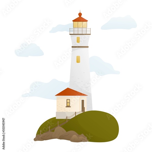Vector illustration of seacoast in flat cartoon style. Nautical icon with lighthouse on the hill. Isolated on white background.