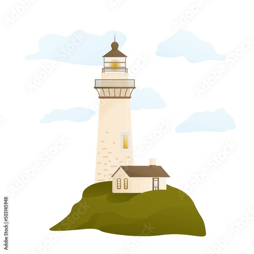 Vector illustration of seacoast in flat cartoon style. Nautical icon with lighthouse on the hill. Isolated on white background.