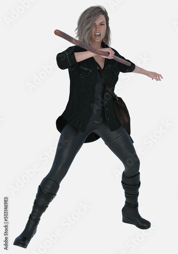 Full length portrait of Nola, a young beautiful brunette woman traveler fighting with walking staff stick in a dystopian post-apocalyptic world. Nola is a 3D illustration character model render