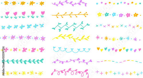 Set of Hand Drawing Drawn Flower Botanic Abstract Doodle Line Laurel Borders Frames Dividers Wreath Collection Flat Style Rainbow Bright Colorful White Background Vector Illustration Pack Element