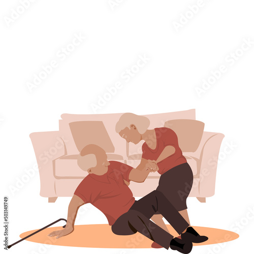 Old woman taking care of Old man falling accident in living room. Elderly man dropping from sofa (settee,also couch).Vector flat cartoon characters design concept for Home care services for senior.