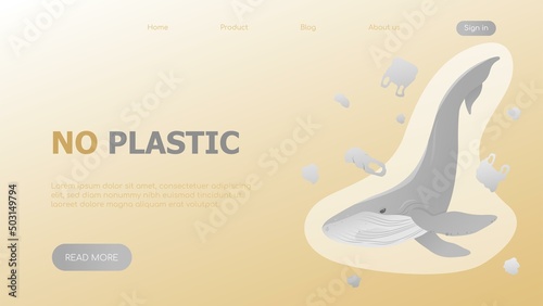 World ocean day. Save from garbage. NO Plastic. Earth day. Whale with plastic for website, landing page. Flat vector illustration. Take care for nature and cleaning nature from garbage poster concept