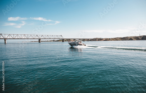 the yacht floats at speed on the water