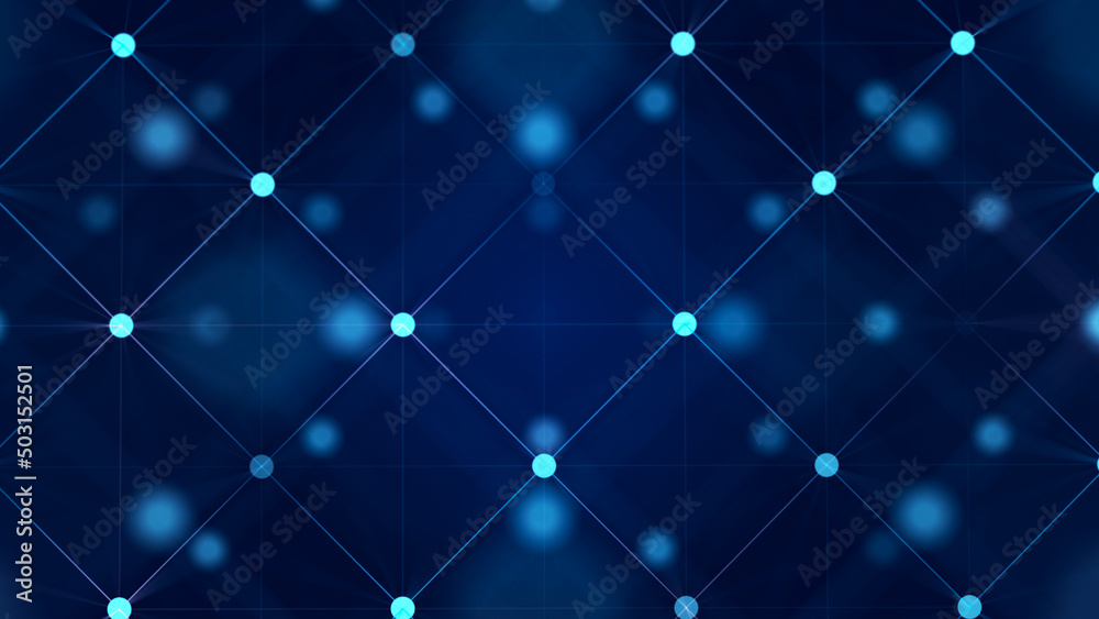 Digital blockchain concept. Data storage in separate cells. Abstract background with dots and connection lines. 3D .