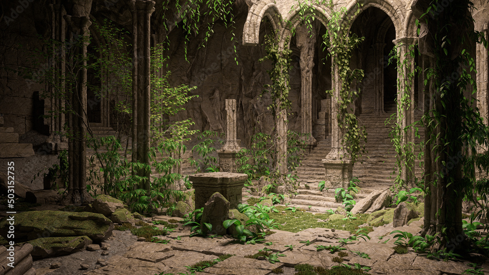 Fototapeta premium Dark mysterious ruin of a fantasy medieval temple overgrown with ivy. 3D illustration.