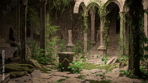 Fotografia Dark mysterious ruin of a fantasy medieval temple overgrown with ivy