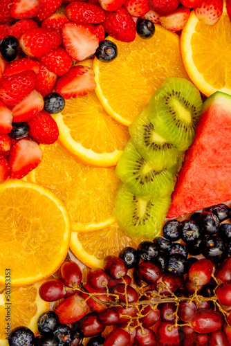 Fototapeta Naklejka Na Ścianę i Meble -  Fresh fruits background, Healthy mix fruits consist of tropical fruit and assorted berry