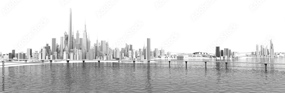 Panoramic view of beautiful modern city with skyscrapers, which locates on the lake. Suburb area, lots of motorways leading to the city, bridges, greens and traffic on the roads. 3D rendering 