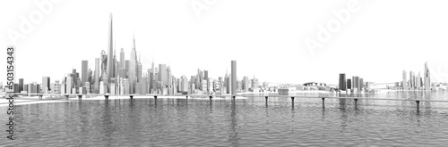 Panoramic view of beautiful modern city with skyscrapers, which locates on the lake. Suburb area, lots of motorways leading to the city, bridges, greens and traffic on the roads. 3D rendering  © IRStone