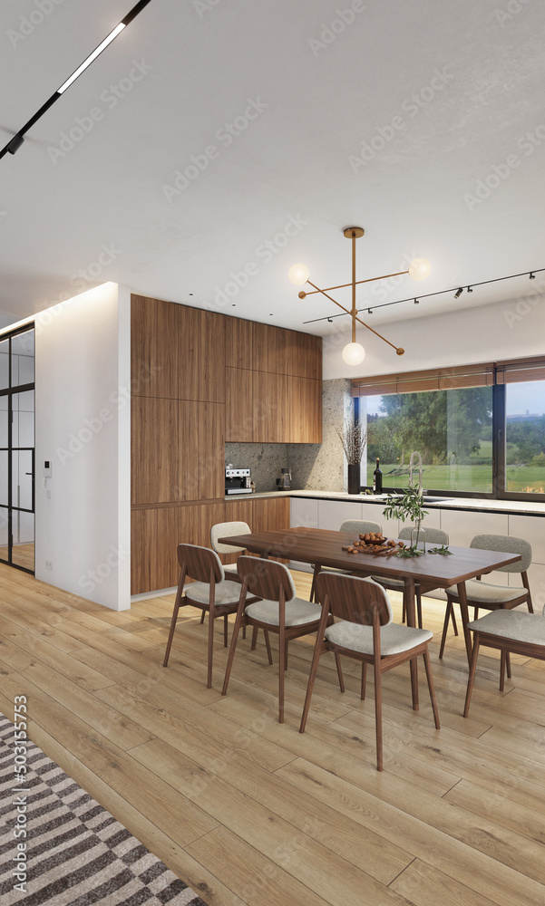 Fototapeta premium Bright contemporary interior at the dining table in a privat house. 