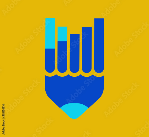 Minimalistic vector of a blue pencil icon with statistic graphics in yellow background.
