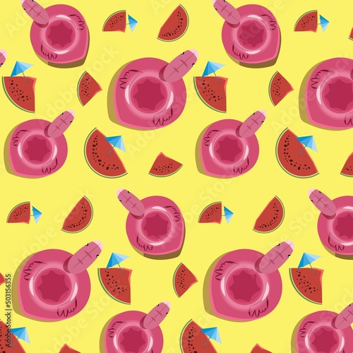 Fun and cute colorful seamless pattern with flamingo swimming ring and watermelon slices