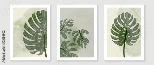 Vintage style foliage wall art template. Collection of hand drawn leaves vector with green watercolor texture, monstera, line art. Botanical posters for wall decoration, interior, wallpaper, banner.