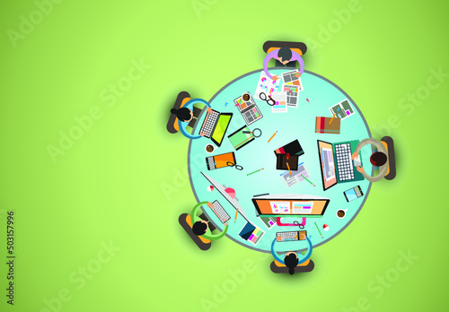 Flat style vector illustration of animated people brainstorming and working on a green background