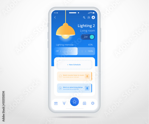 Smartphone smart home controlled app UX UI, IOT Internet of things technology, Digital future home automation tech, smart devices application phone, Wifi cctv lighting heating air, vector illustration