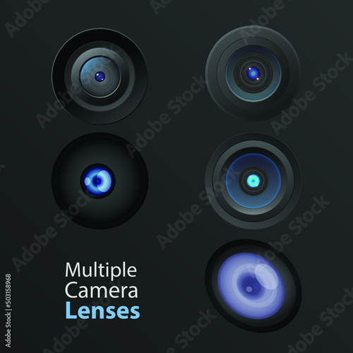 Multiple camera lenses isolated on black background