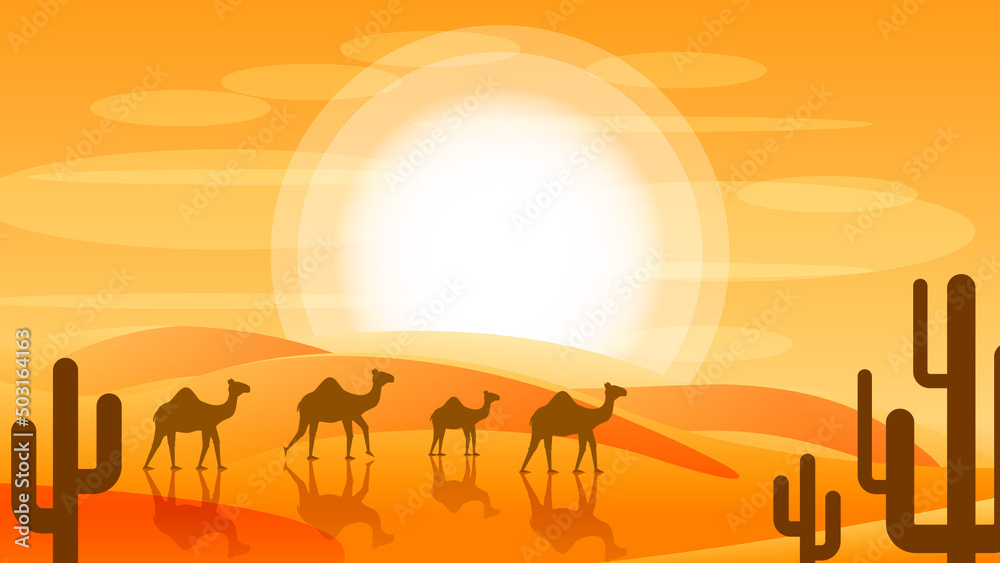 Abstract Desert Background Summer With Sun, Sand, Camels, Cactus Vector Design Style Nature Landscape