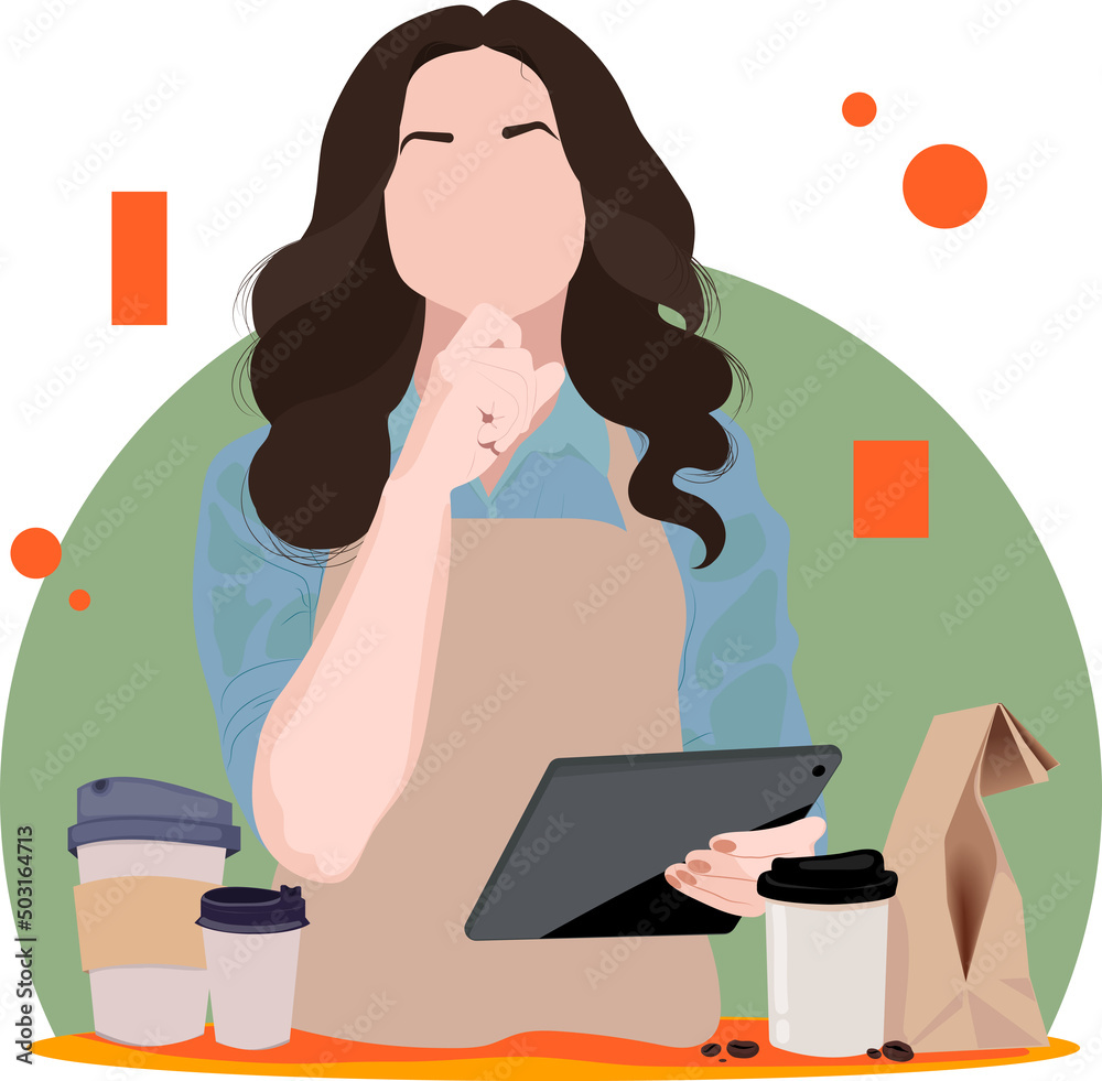 Coffee Business Concept-Female barista making coffee and serving a paper cup of hot coffee in cafe. Hand drawn in thin line style, vector illustrations. Vector illustration Coffee Business Concept-Female barista making coffee and serving a paper cup of hot coffee in cafe. Hand drawn in thin line style, vector illustrations. Vector illustration