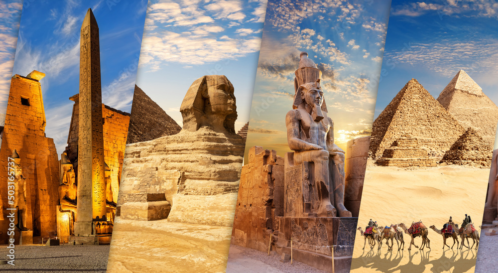 Luxor and Giza views in one collage of Egypt