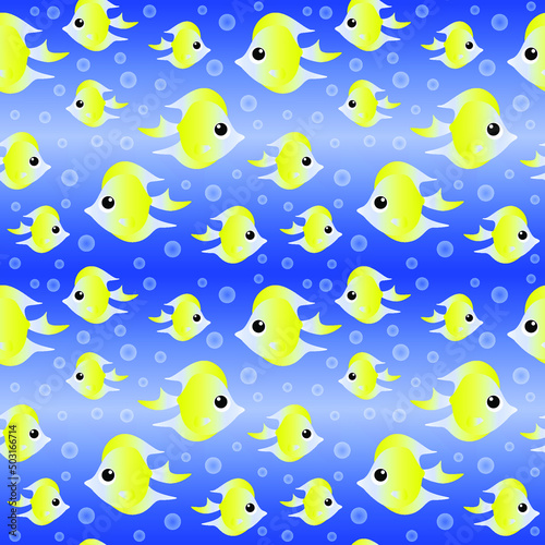 Yellow cartoon fish on bright  blue background seamless pattern. Vector illustration.