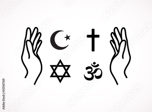The main religious symbols (Islam, Christianity, Judaism and Hinduism). Hands folded in prayer line icon.