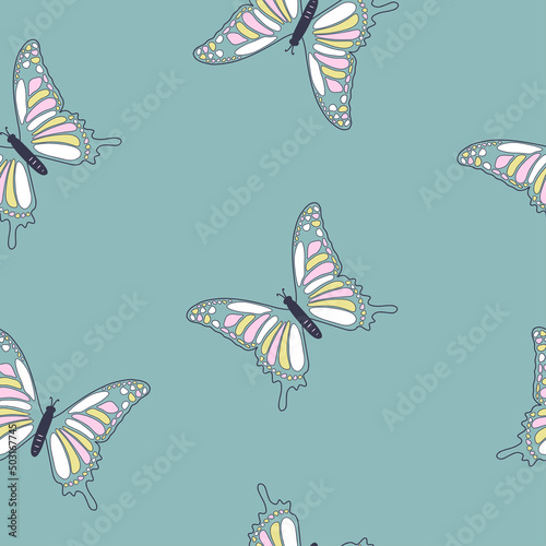 Beautiful background with butterflies on a turquoise background. Seamless pat...