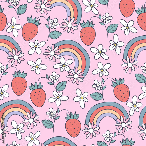 Seamless vintage pattern with strawberries and a rainbow. Liberty print. Elegant template for trendy children's prints. Vector background.